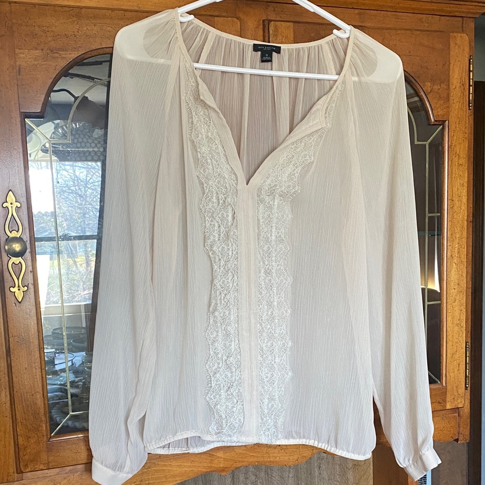 Ann Taylor Cream Lace-Trim Sheer V-Neck Blouse